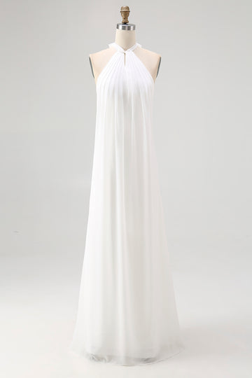 White Chiffon Halter Sheath Long Boho Formal Dress